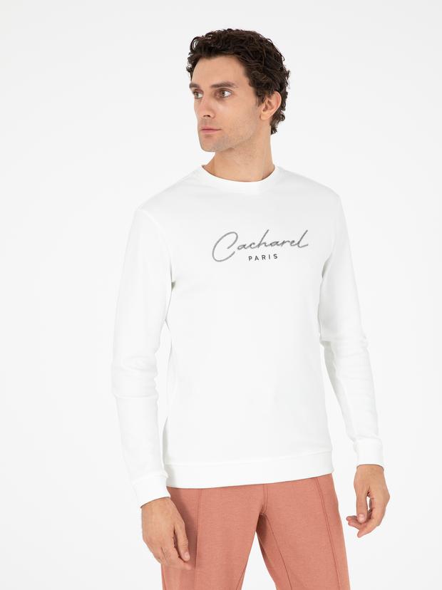 Ekru Regular Fit Bisiklet Yaka Pamuklu Sweatshirt