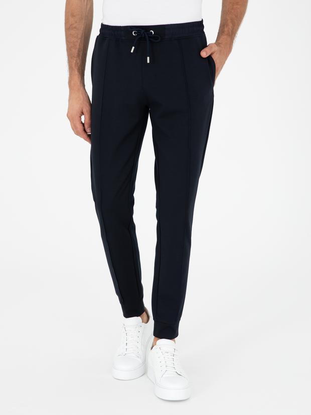 Lacivert Slim Fit Paçası Lastikli Nervürlü Eşofman Altı