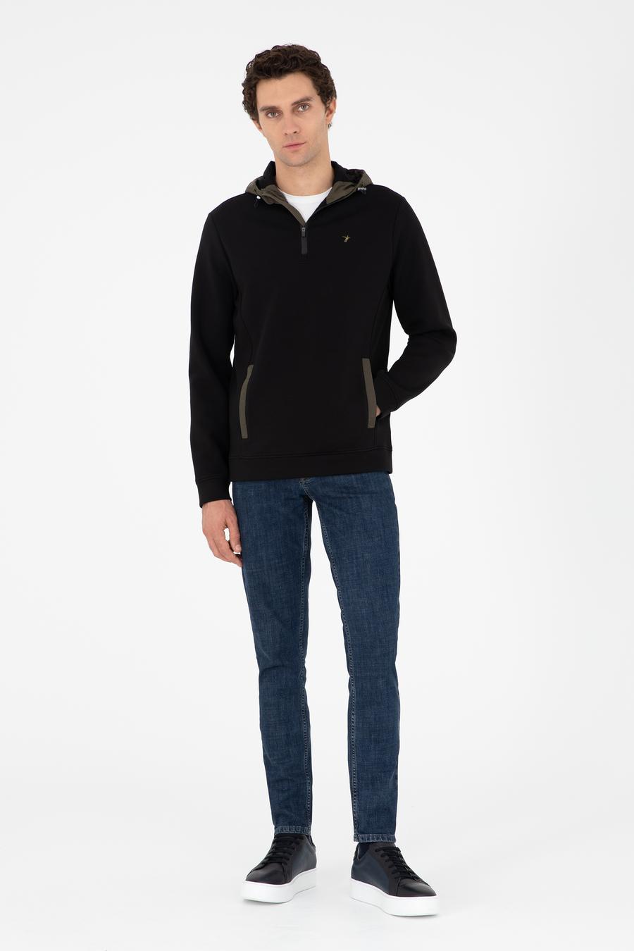 Siyah Regular Fit Pamuk Karışımlı Yarım Fermuarlı Kapüşonlu Sweatshirt - 50292530003