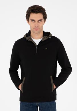 Siyah Regular Fit Pamuk Karışımlı Yarım Fermuarlı Kapüşonlu Sweatshirt