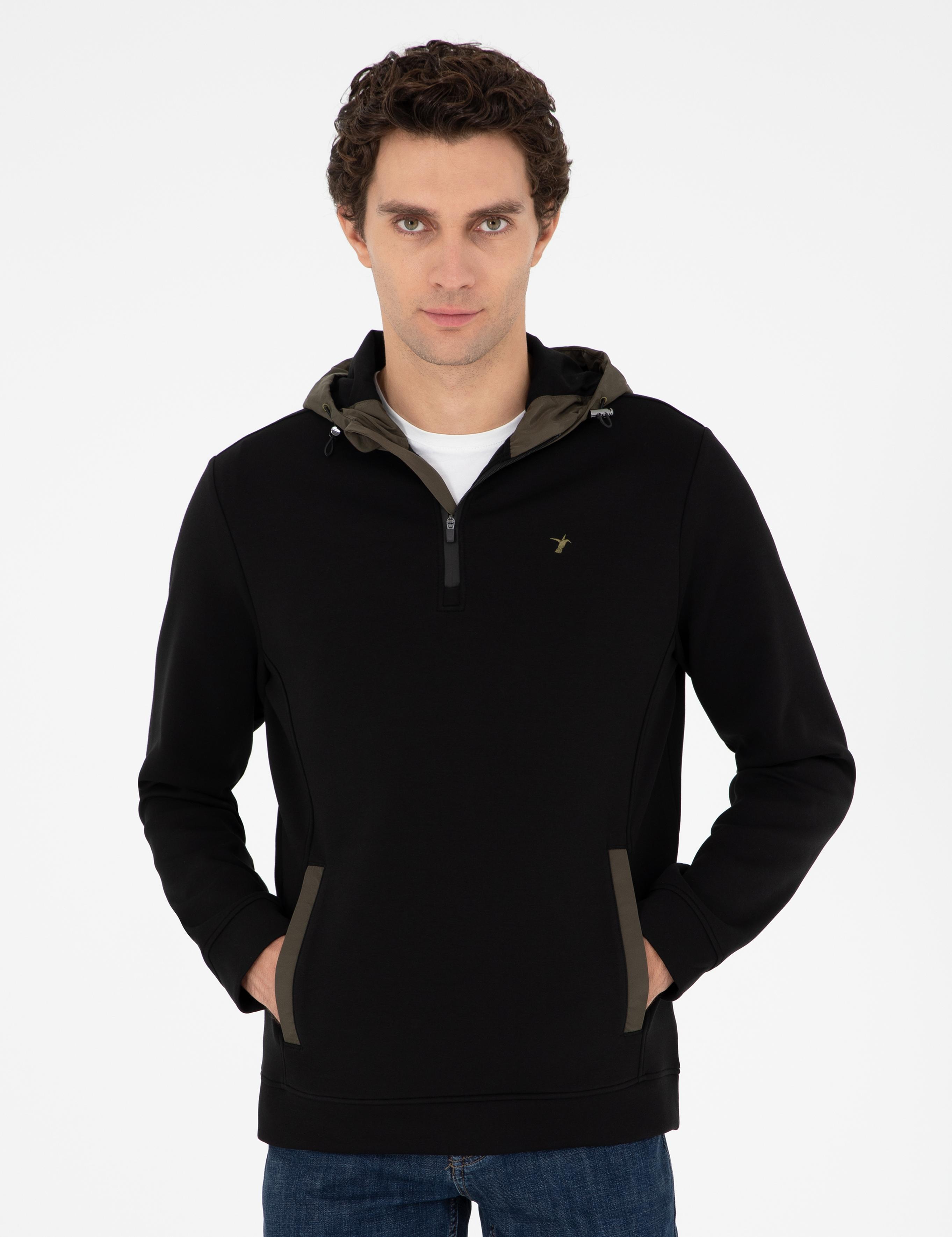 Siyah Regular Fit Pamuk Karışımlı Yarım Fermuarlı Kapüşonlu Sweatshirt - 50292530003