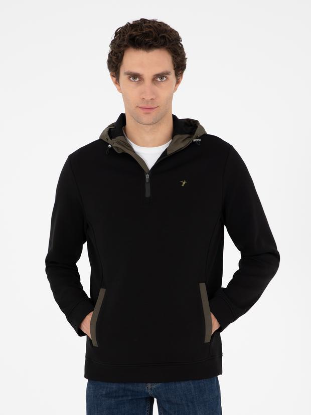 Siyah Regular Fit Pamuk Karışımlı Yarım Fermuarlı Kapüşonlu Sweatshirt