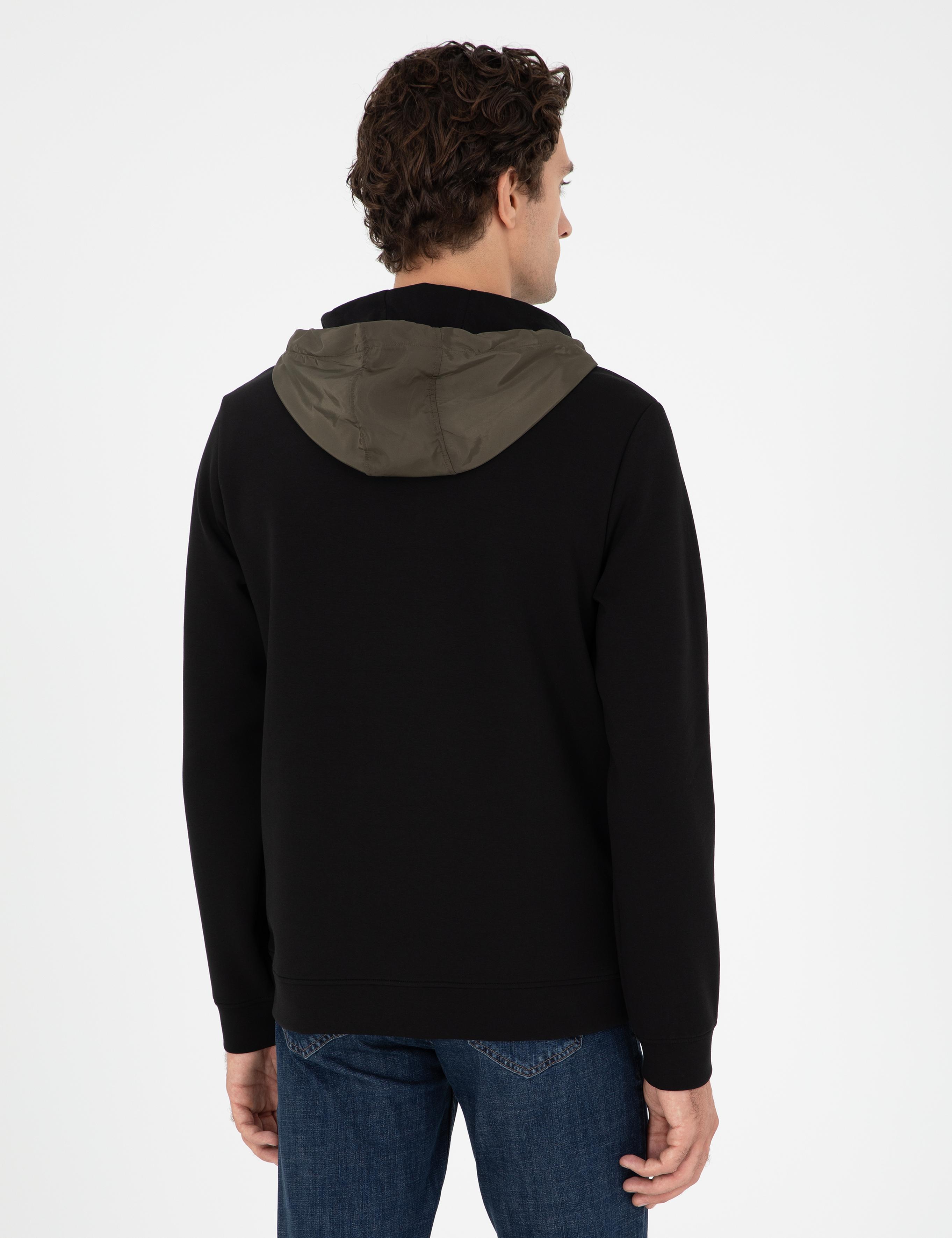 Siyah Regular Fit Pamuk Karışımlı Yarım Fermuarlı Kapüşonlu Sweatshirt - 50292530003