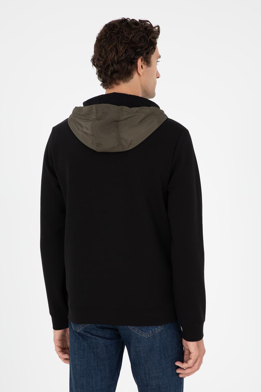 Siyah Regular Fit Pamuk Karışımlı Yarım Fermuarlı Kapüşonlu Sweatshirt - 50292530003