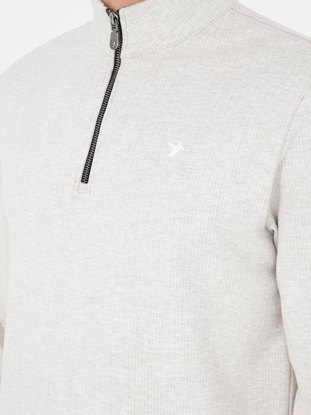 Ekru Regular Fit Pamuk Karışımlı Yarım Fermuarlı Sweatshirt