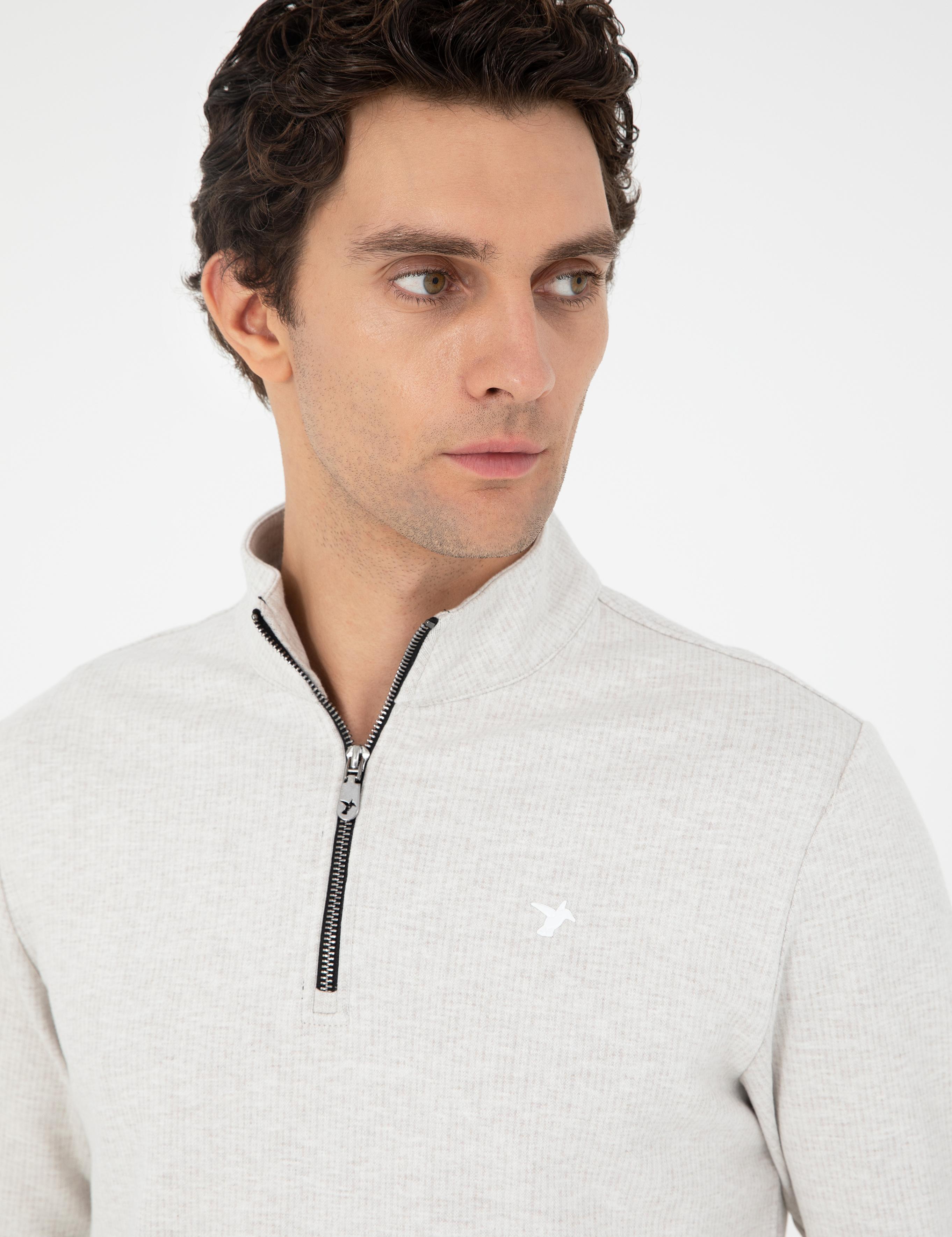 Ekru Regular Fit Pamuk Karışımlı Yarım Fermuarlı Sweatshirt - 50294015018