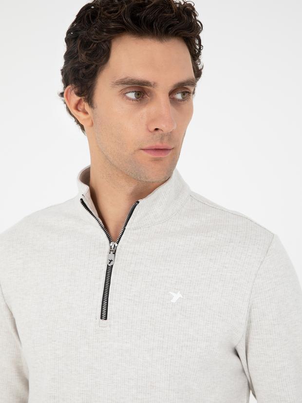 Ekru Regular Fit Pamuk Karışımlı Yarım Fermuarlı Sweatshirt