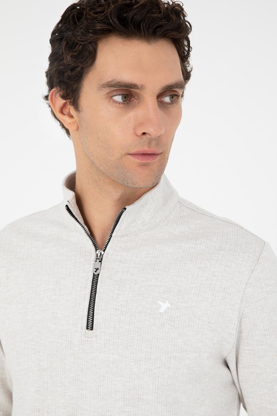 Ekru Regular Fit Pamuk Karışımlı Yarım Fermuarlı Sweatshirt - 50294015018