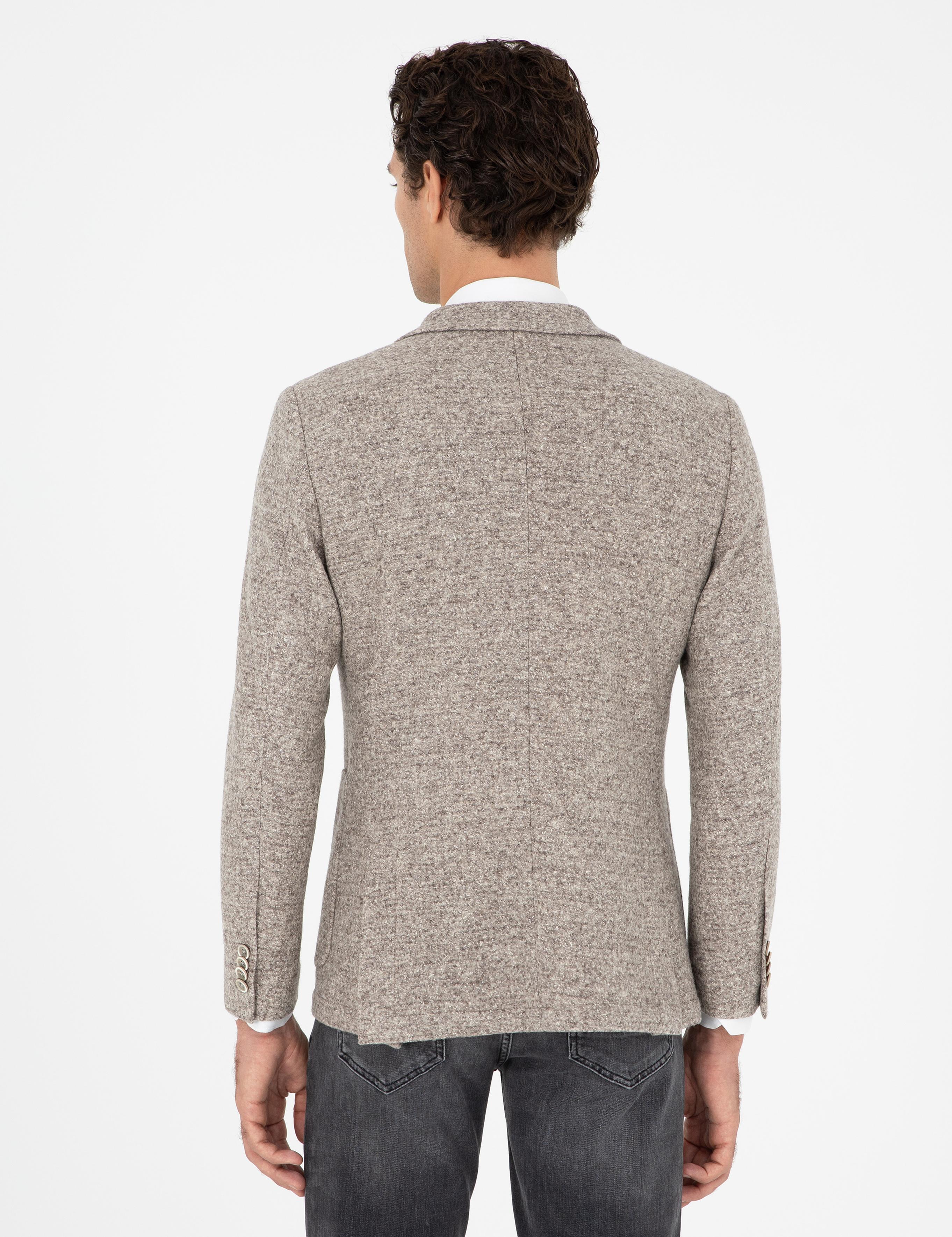 Bej Slim Fit Yün İpek Karışımlı Flanel Ceket - 50290528050