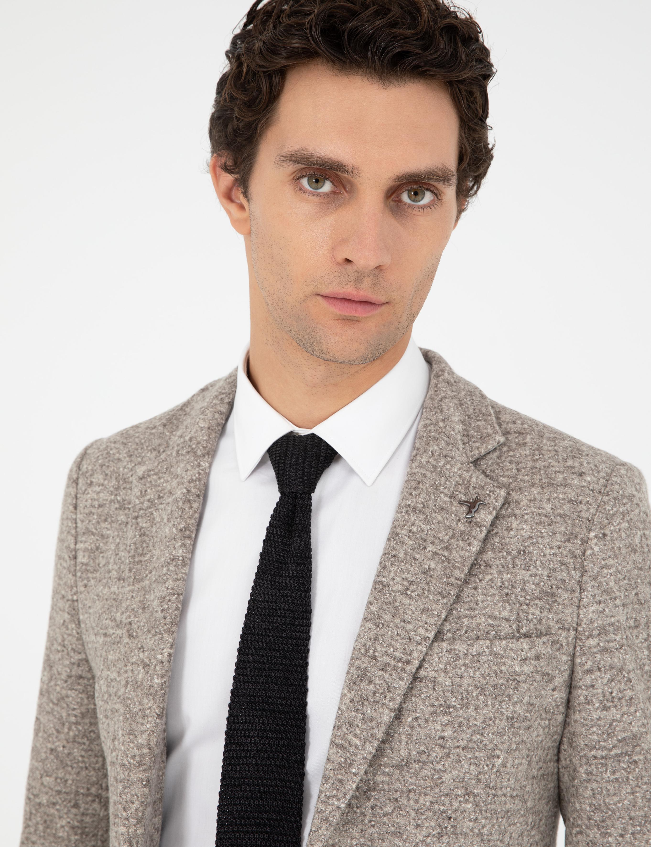 Bej Slim Fit Yün İpek Karışımlı Flanel Ceket - 50290528050