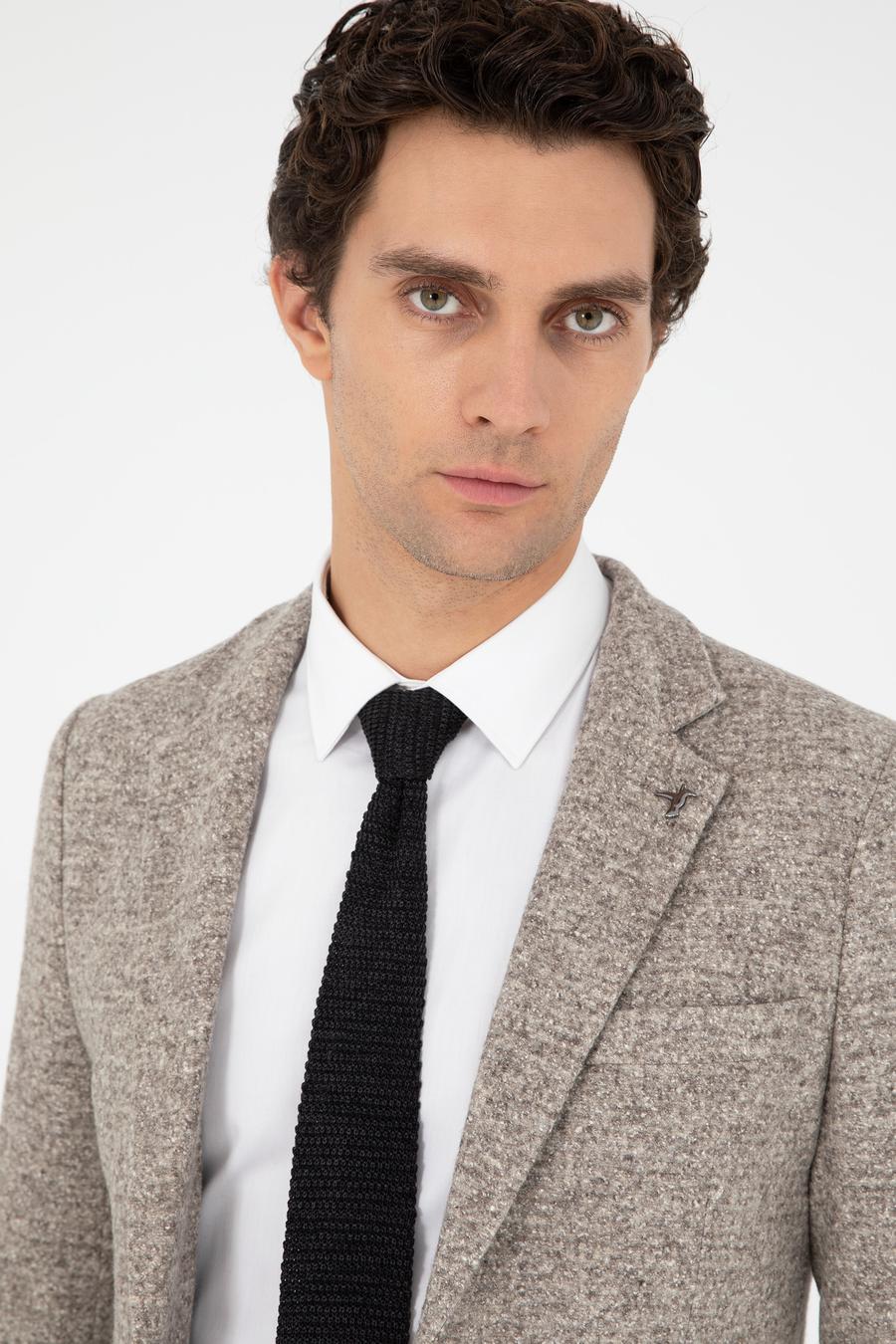 Bej Slim Fit Yün İpek Karışımlı Flanel Ceket - 50290528050