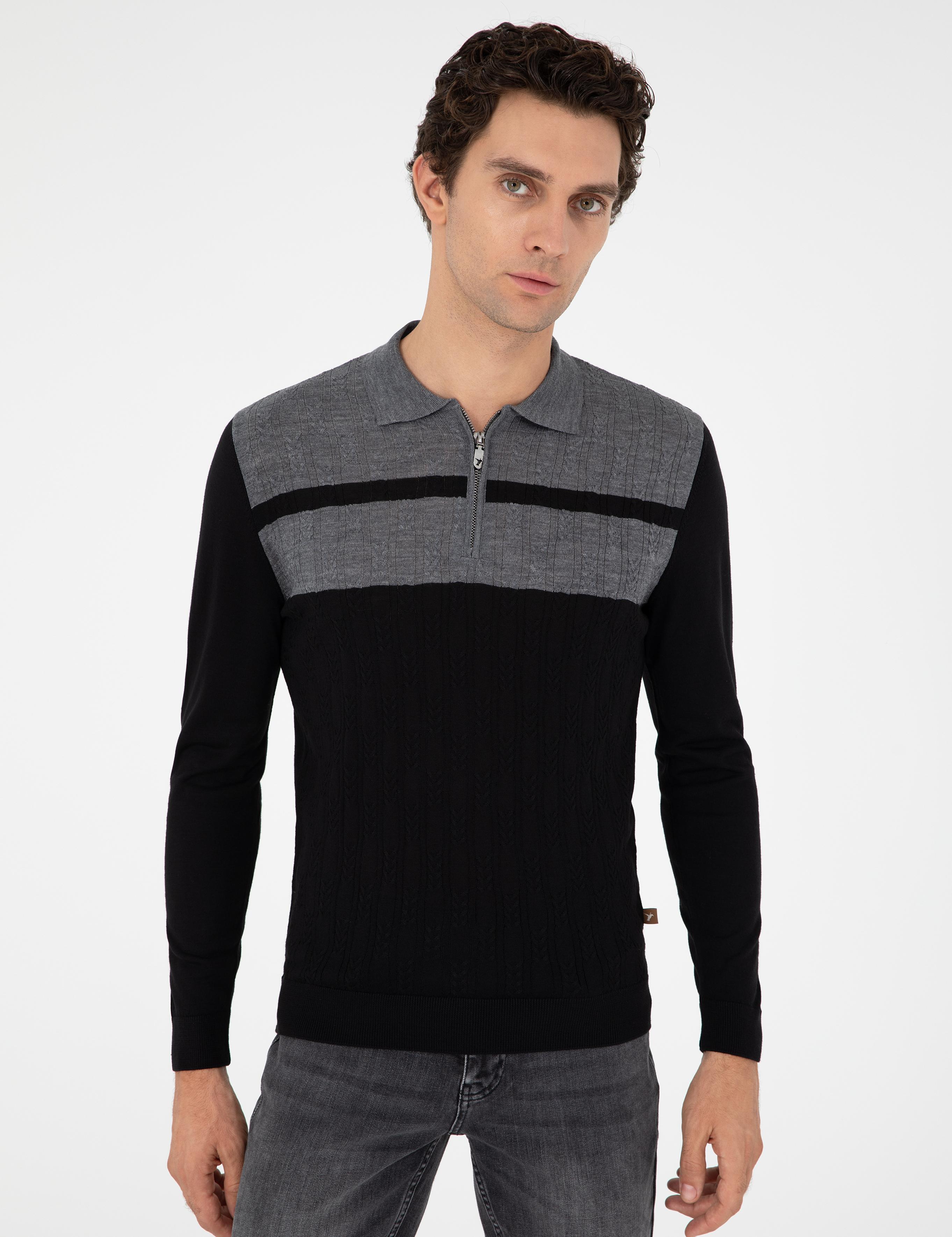 Siyah Slim Fit Polo Yaka Fermuarlı Triko Kazak - 50293786014