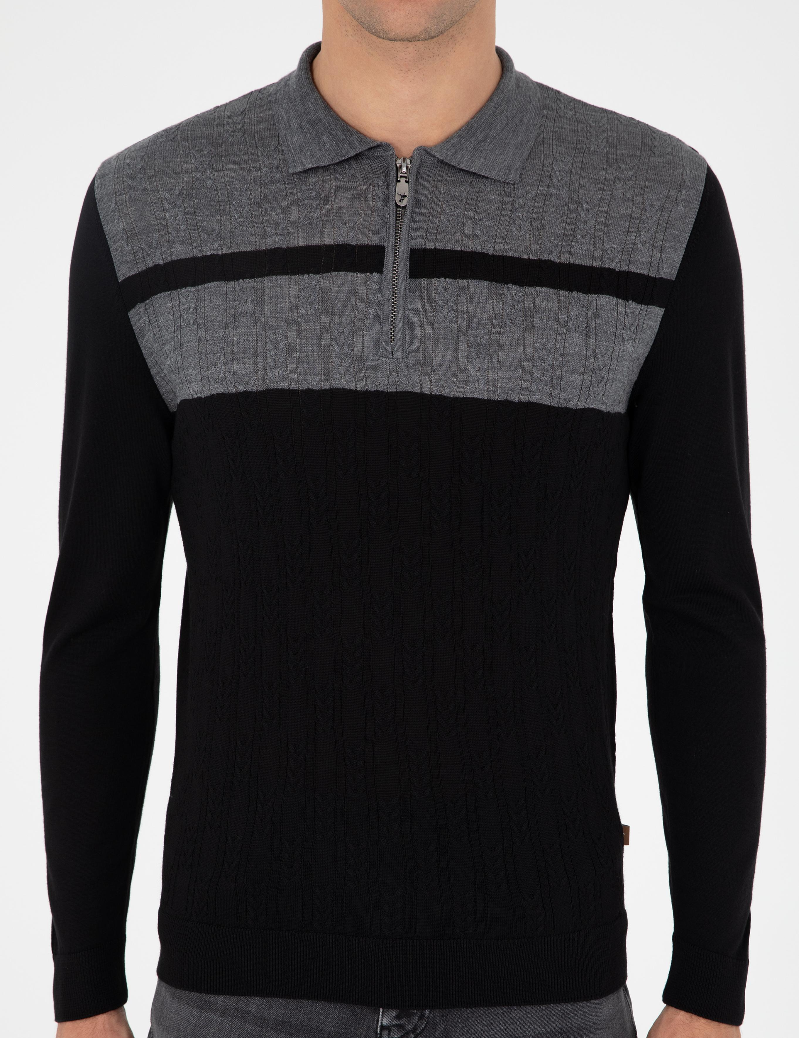 Siyah Slim Fit Polo Yaka Fermuarlı Triko Kazak - 50293786014