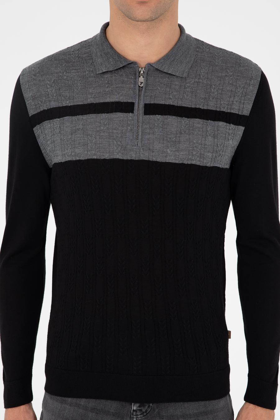 Siyah Slim Fit Polo Yaka Fermuarlı Triko Kazak - 50293786014