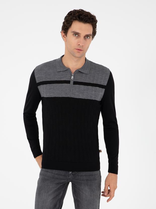 Siyah Slim Fit Polo Yaka Fermuarlı Triko Kazak