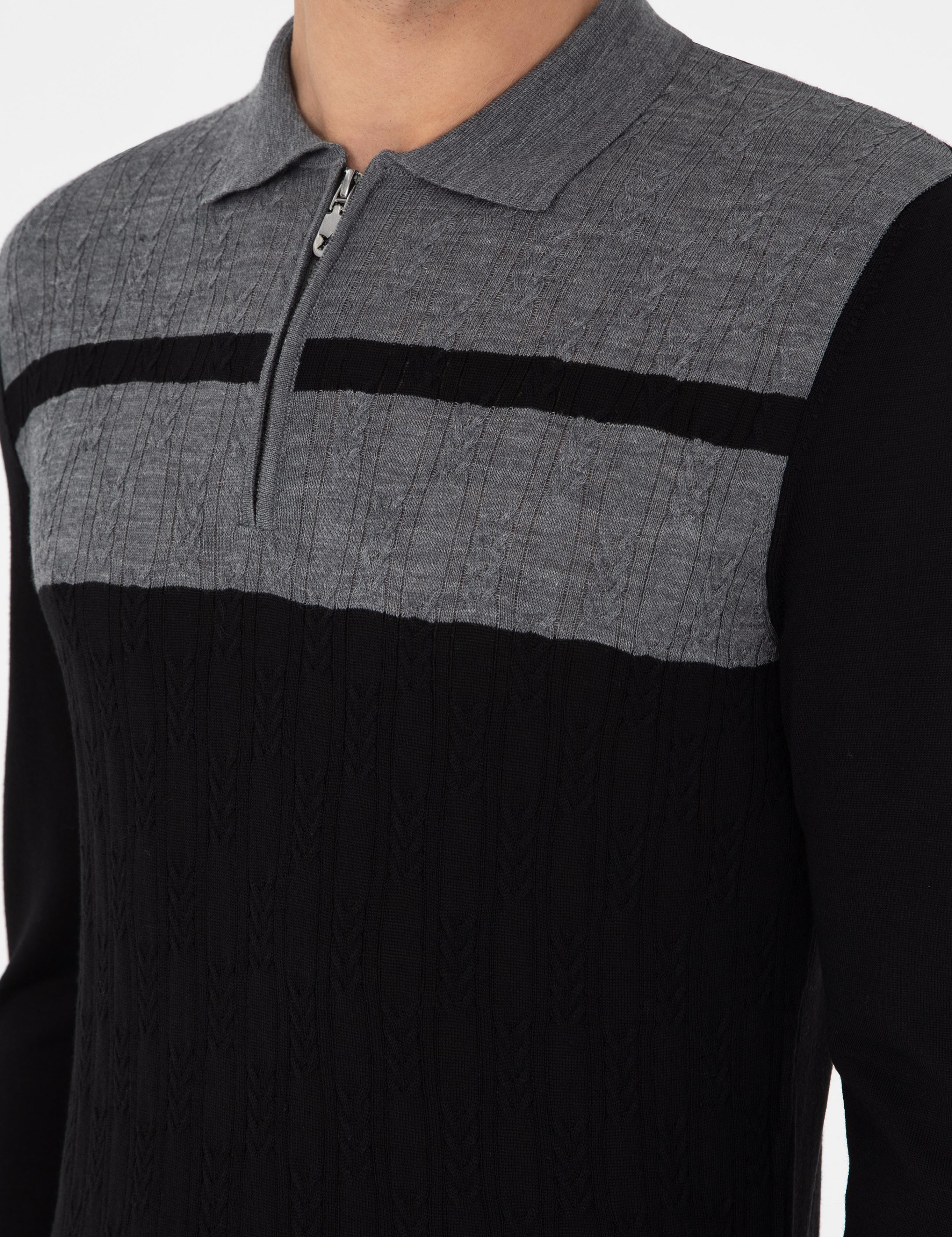 Siyah Slim Fit Polo Yaka Fermuarlı Triko Kazak - 50293786014