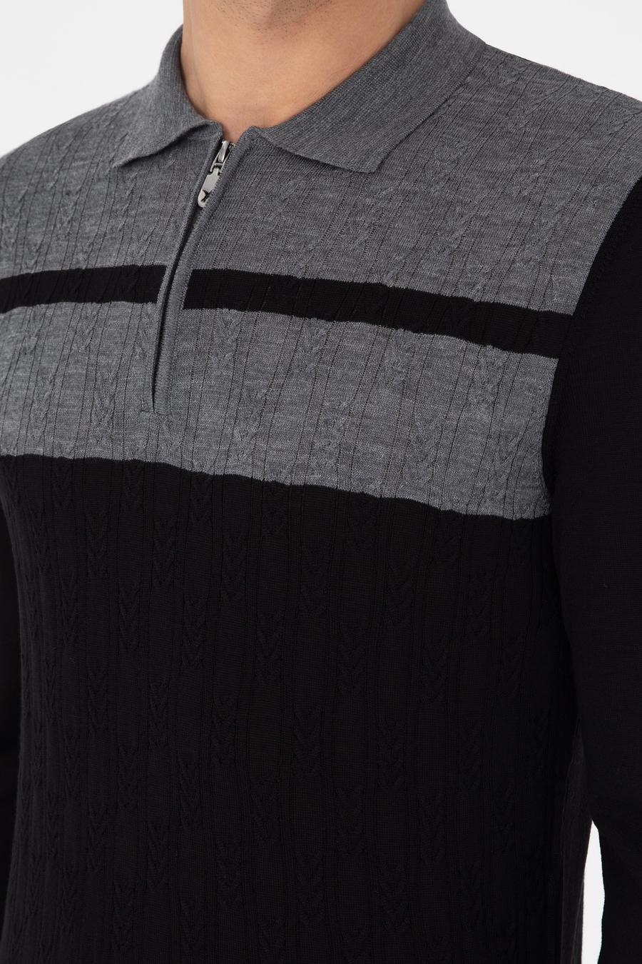 Siyah Slim Fit Polo Yaka Fermuarlı Triko Kazak - 50293786014