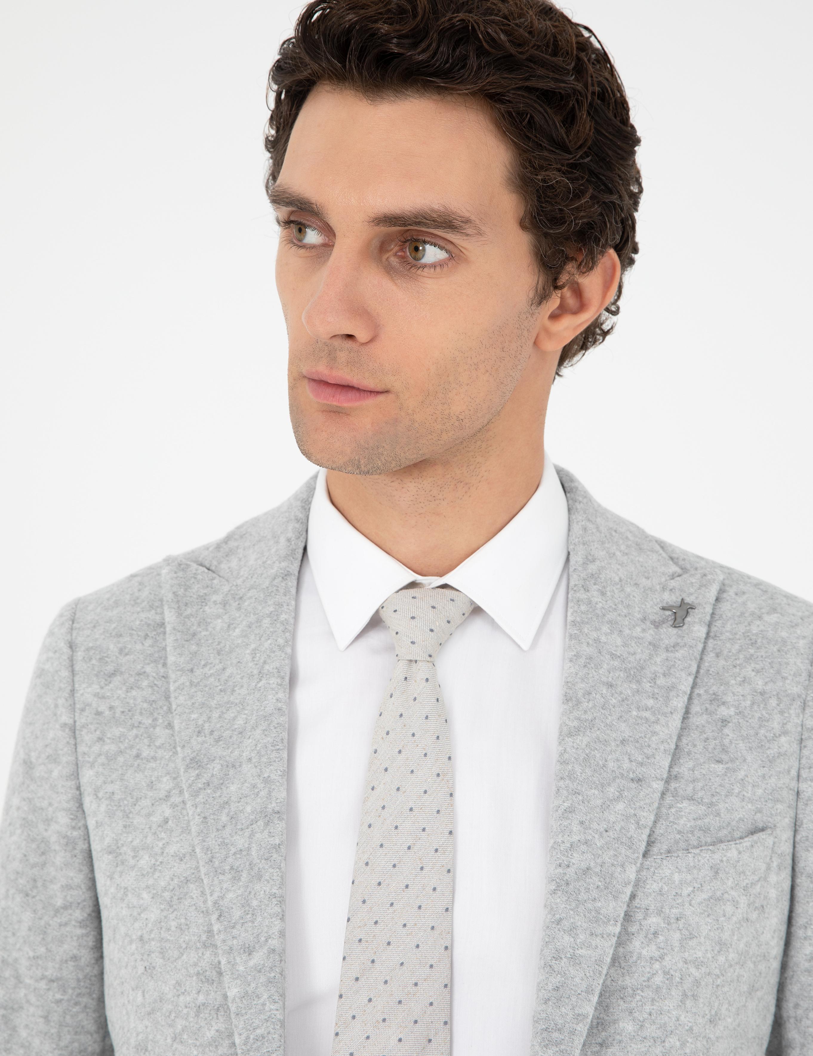 Açık Gri Slim Fit Yün Karışımlı Spor Ceket - 50290535047
