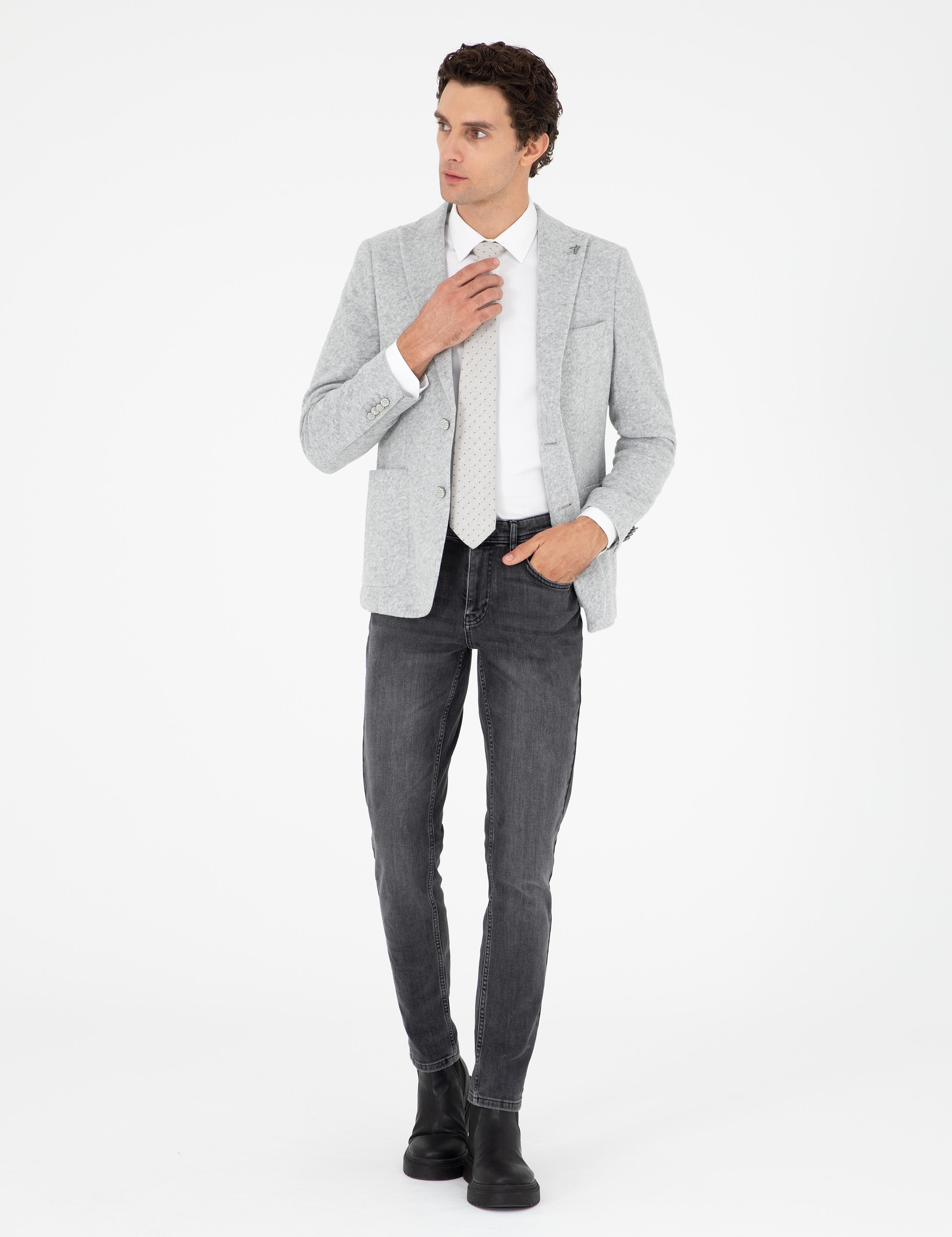Açık Gri Slim Fit Yün Karışımlı Spor Ceket - 50290535047