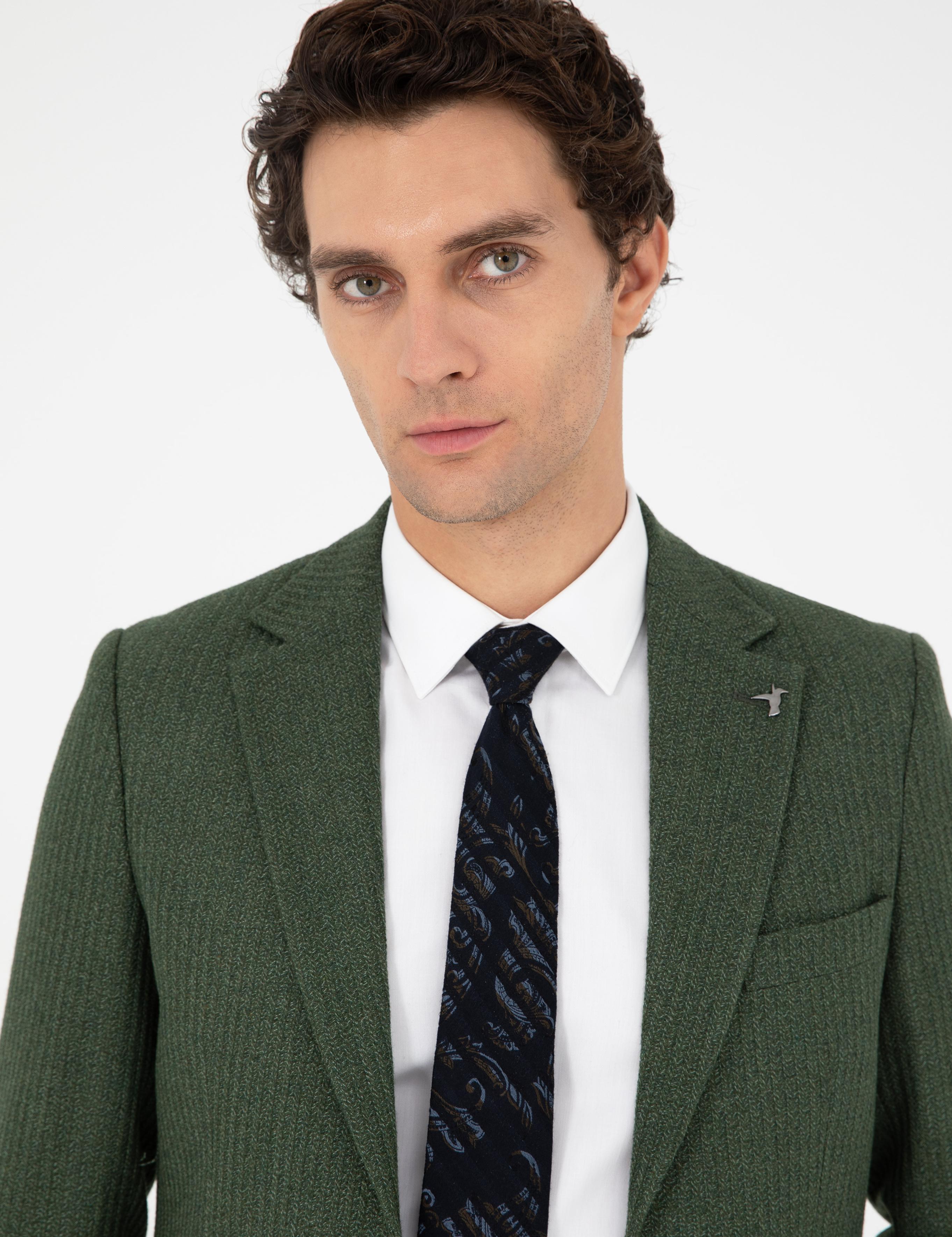 Haki Slim Fit Yün Karışımlı Balıksırtı Spor Ceket - 50290536047