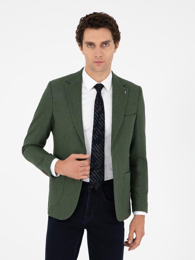 Haki Slim Fit Yün Karışımlı Balıksırtı Spor Ceket