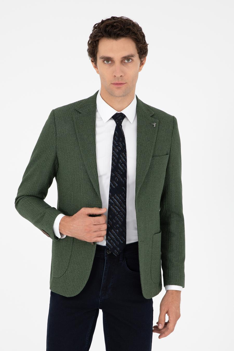 Haki Slim Fit Yün Karışımlı Balıksırtı Spor Ceket - 50290536047