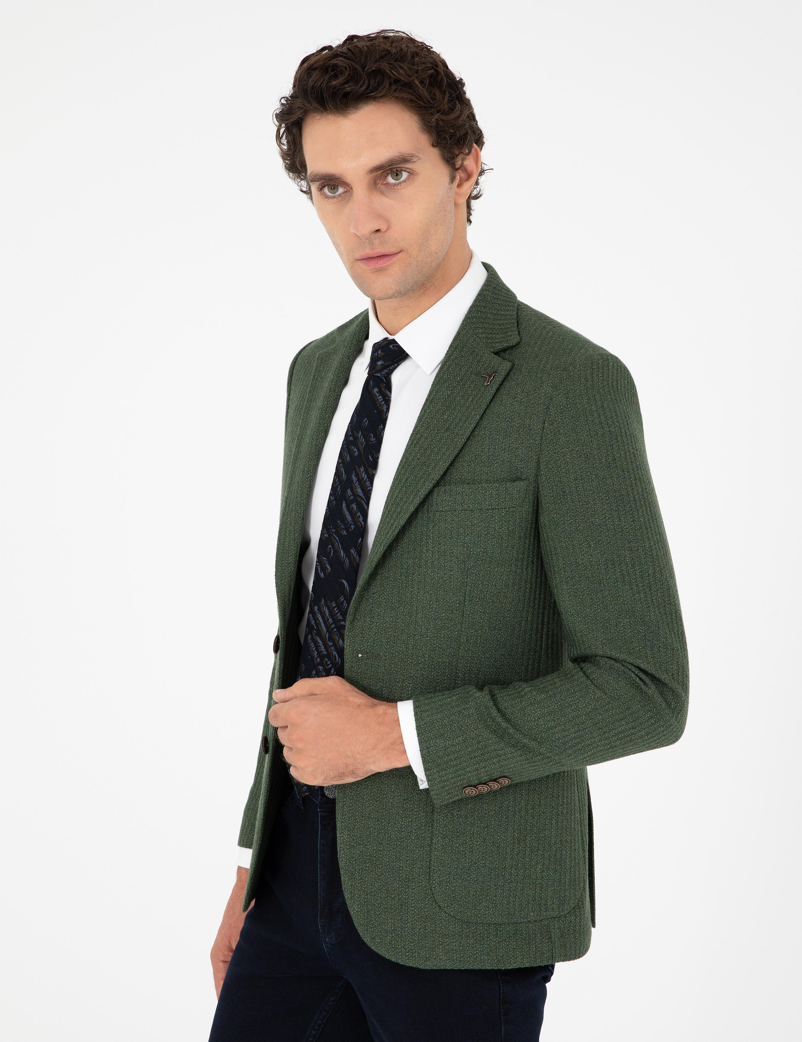 Haki Slim Fit Yün Karışımlı Balıksırtı Spor Ceket - 50290536047