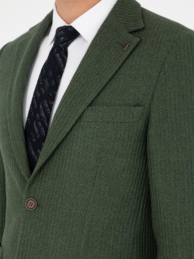Haki Slim Fit Yün Karışımlı Balıksırtı Spor Ceket