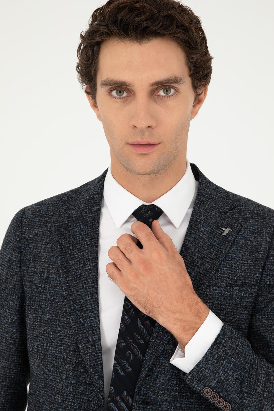 Lacivert Slim Fit Yün Karışımlı Flanel Ceket - 50290527059