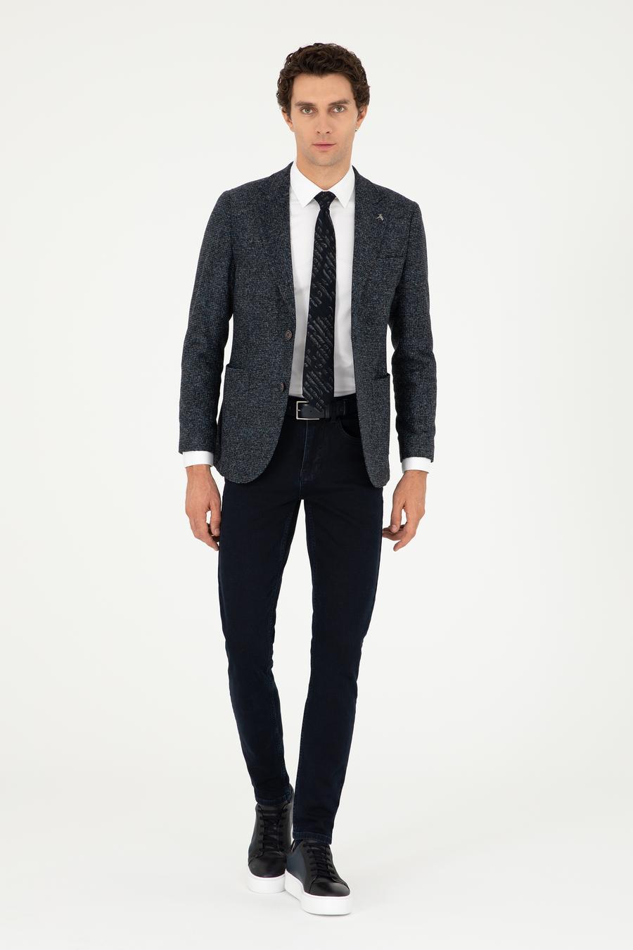 Lacivert Slim Fit Yün Karışımlı Flanel Ceket - 50290527059