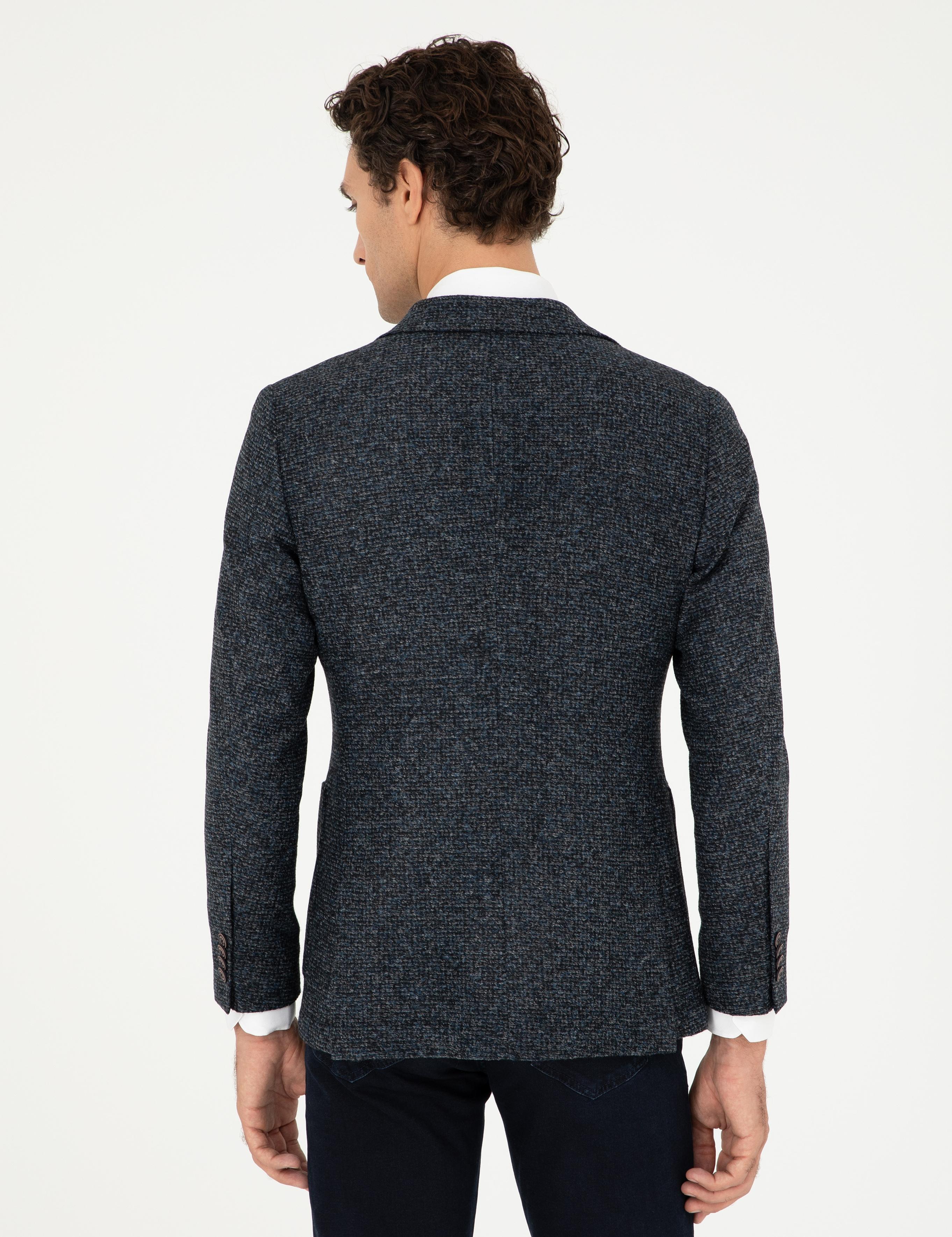 Lacivert Slim Fit Yün Karışımlı Flanel Ceket - 50290527059