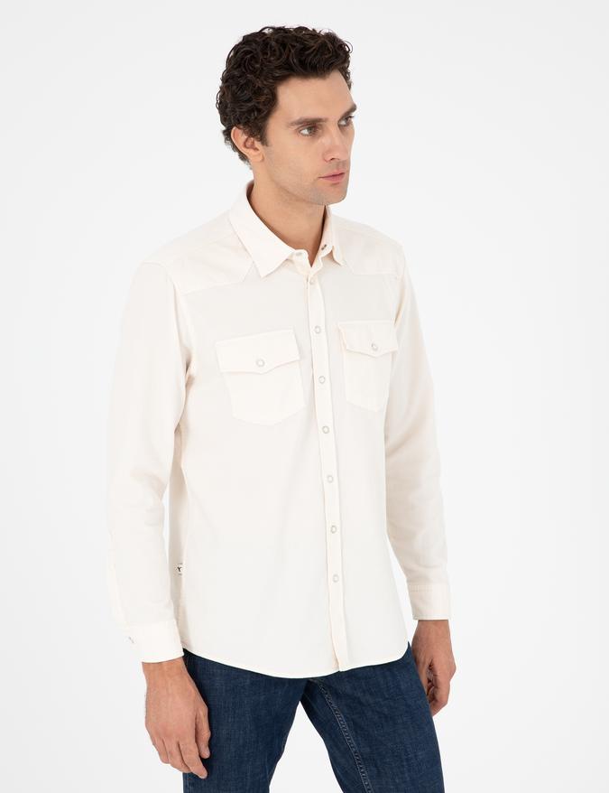Ekru Regular Fit Pamuklu Cepli Gömlek