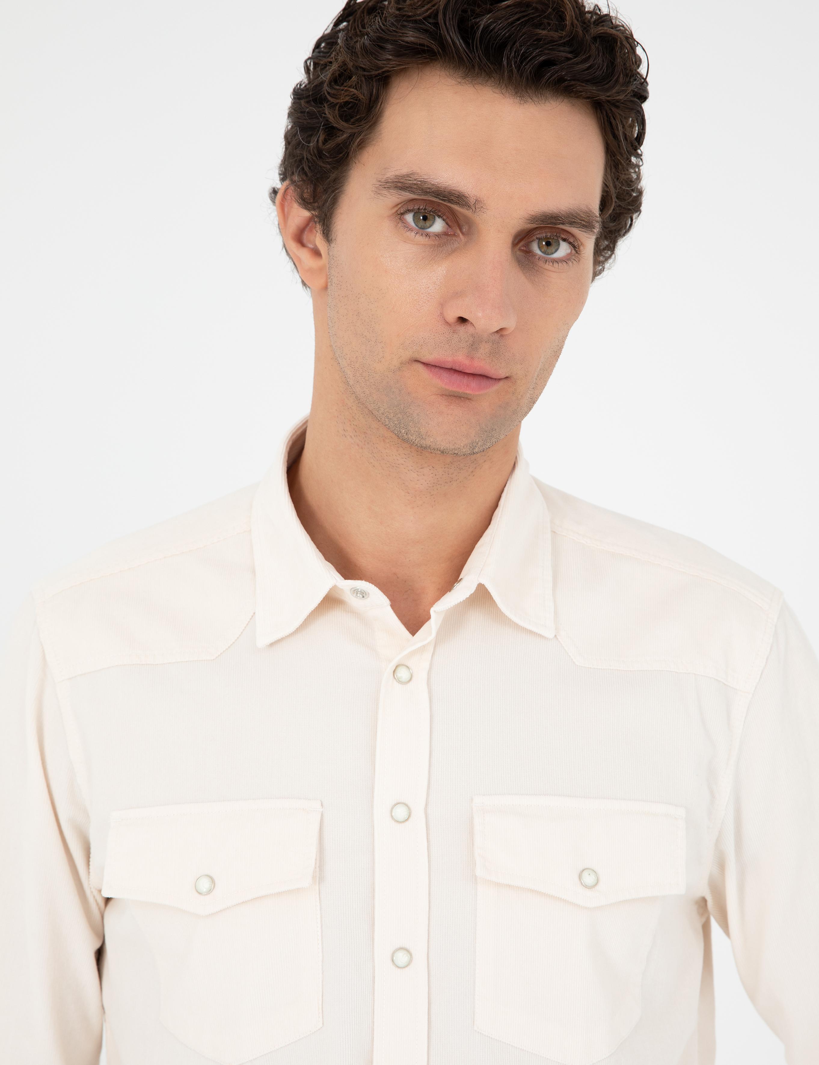 Ekru Regular Fit Pamuklu Cepli Gömlek - 50291369021