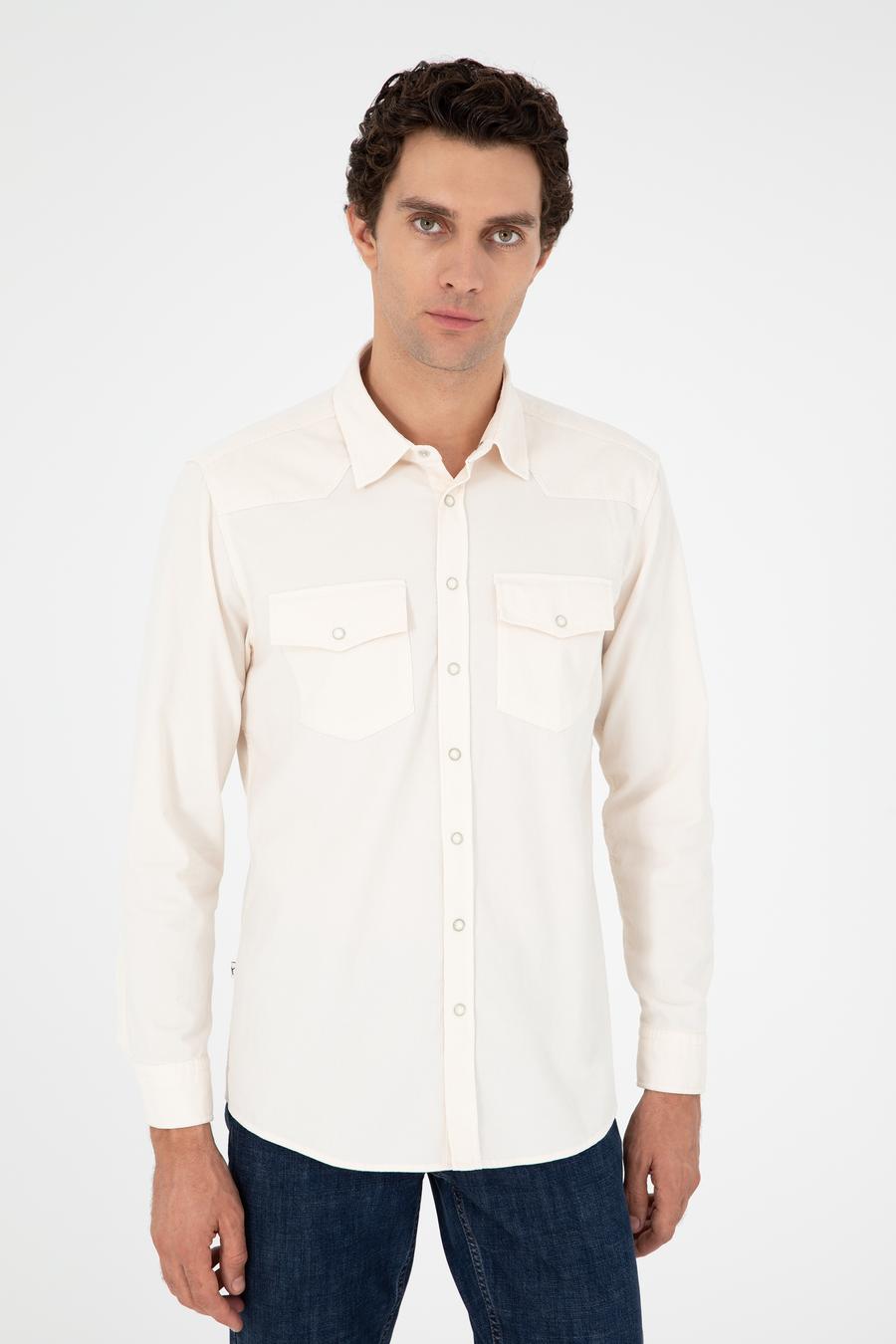 Ekru Regular Fit Pamuklu Cepli Gömlek - 50291369021