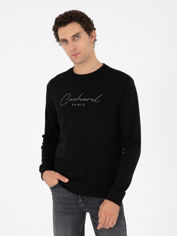 Siyah Regular Fit Bisiklet Yaka Pamuklu Sweatshirt