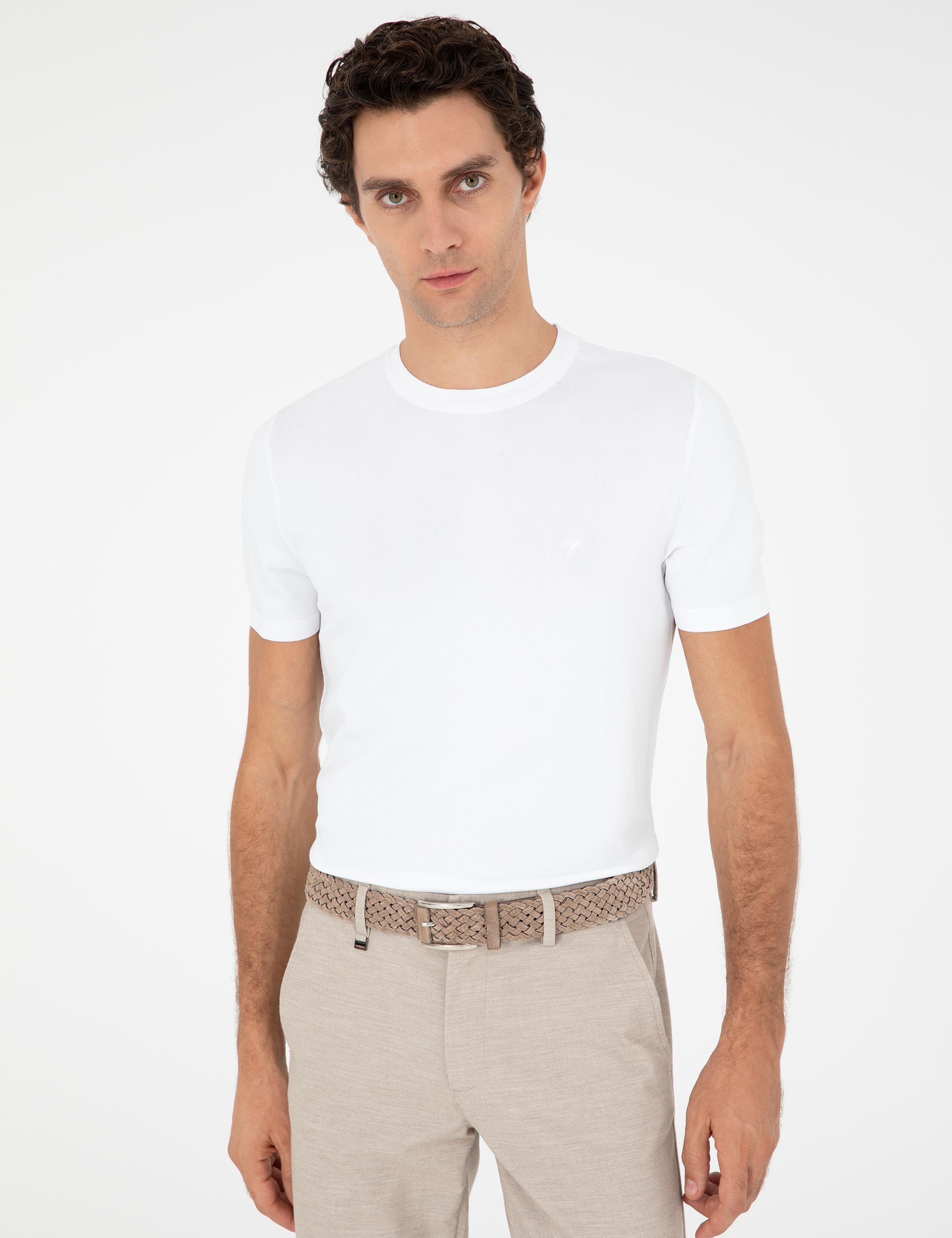 Beyaz Slim Fit Bisiklet Yaka Triko T-shirt - 50293169074