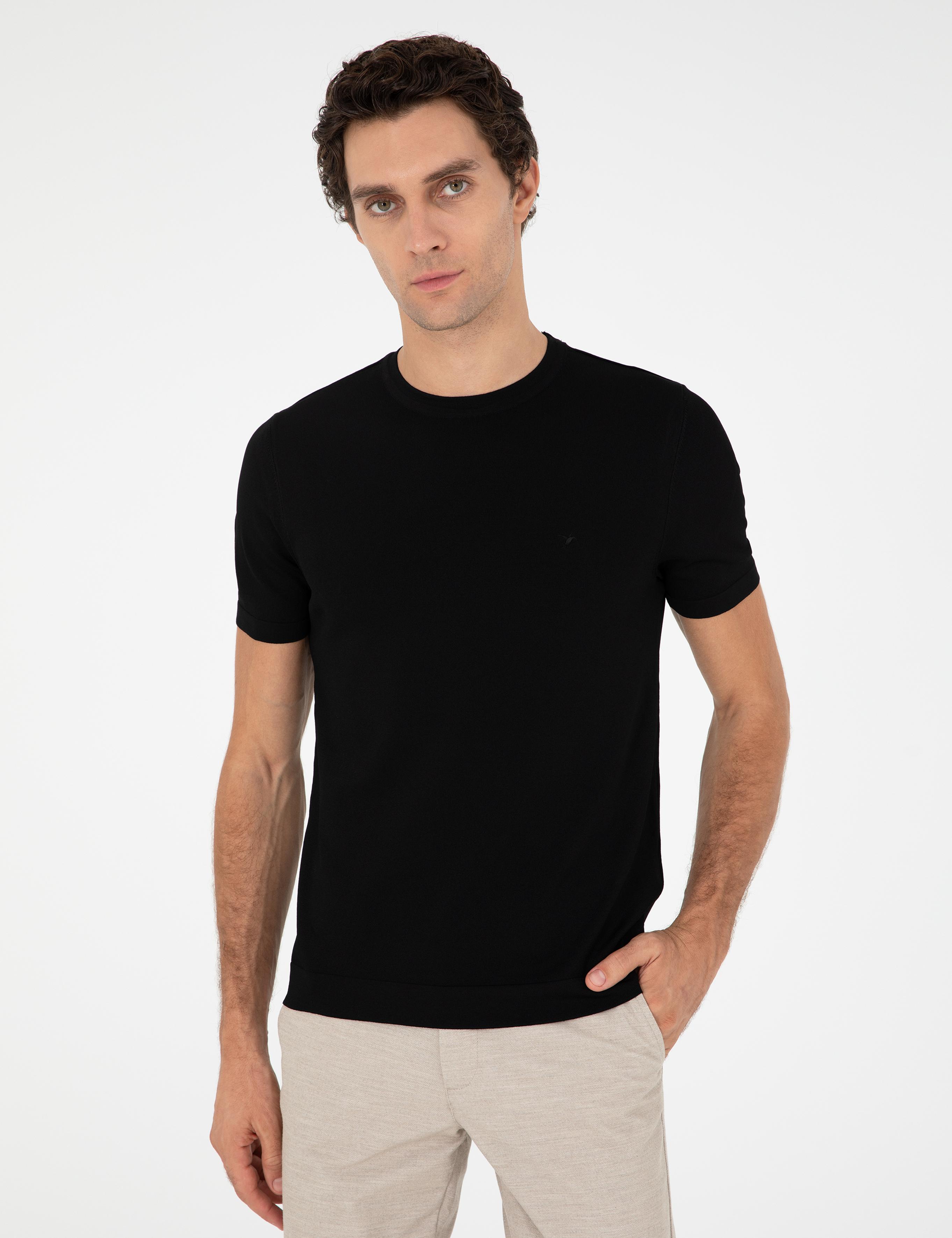 Siyah Slim Fit Bisiklet Yaka Triko T-shirt - 50293169057