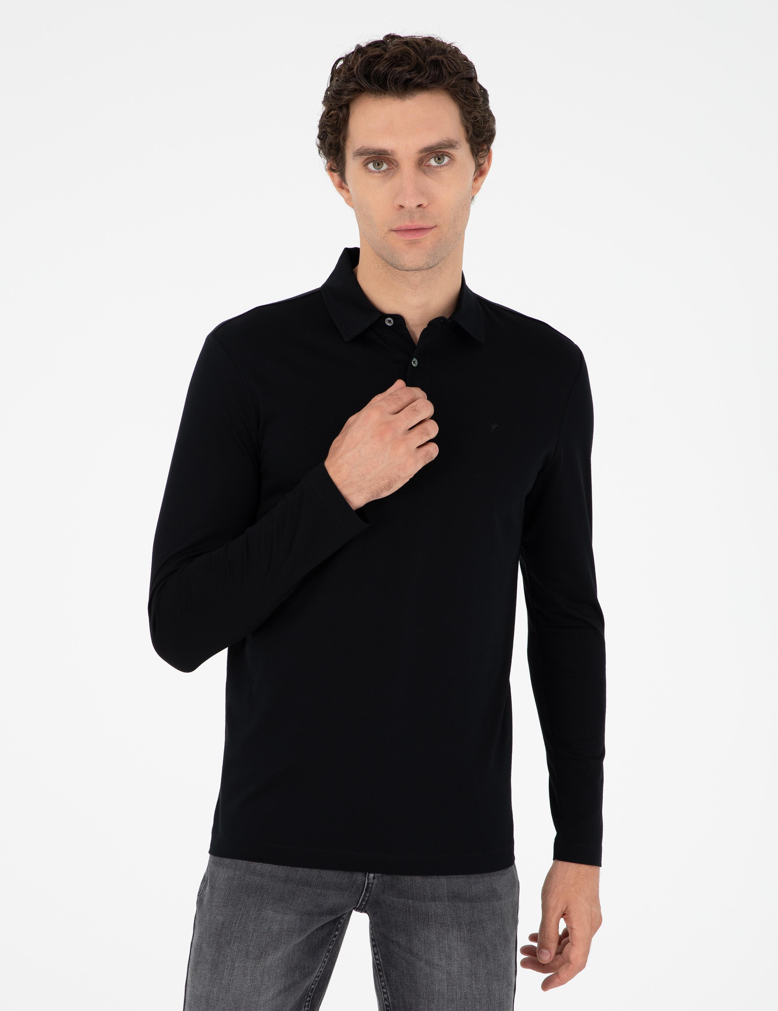 Siyah Regular Fit Polo Yaka Pamuklu Sweatshirt - 50294327003