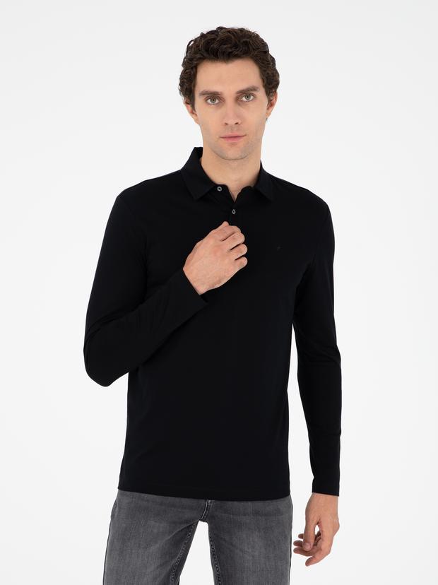 Siyah Regular Fit Polo Yaka Pamuklu Sweatshirt