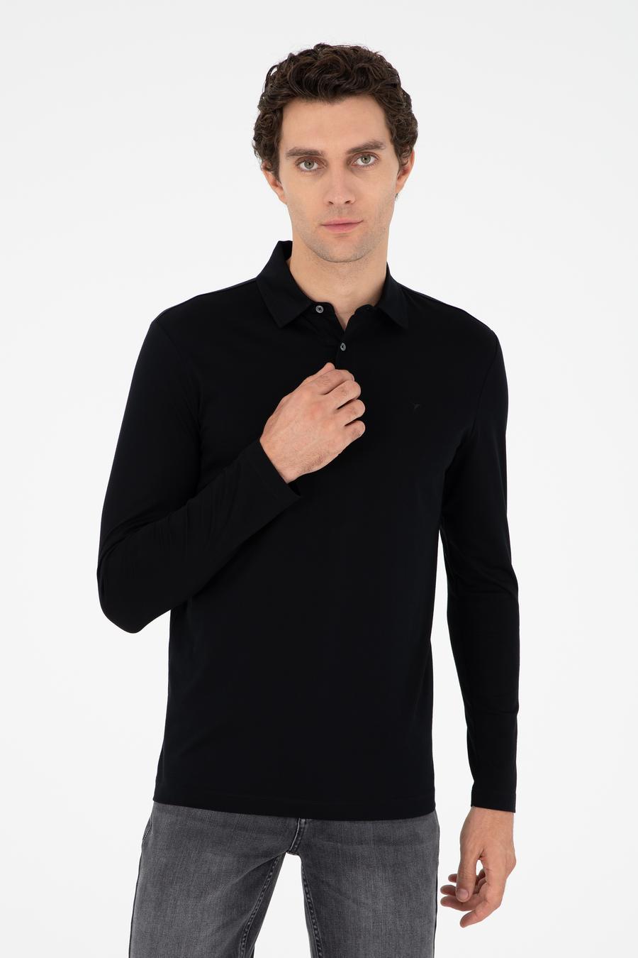 Siyah Regular Fit Polo Yaka Pamuklu Sweatshirt - 50294327003