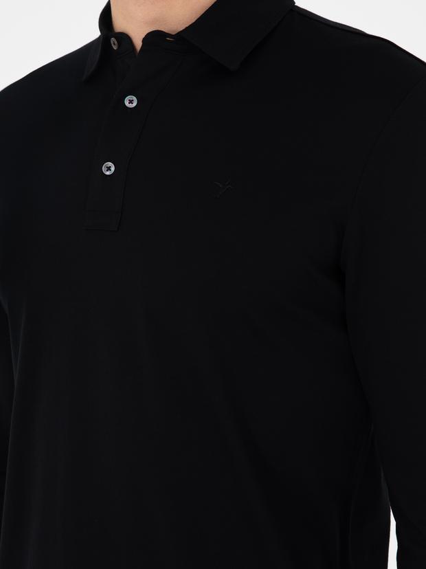 Siyah Regular Fit Polo Yaka Pamuklu Sweatshirt