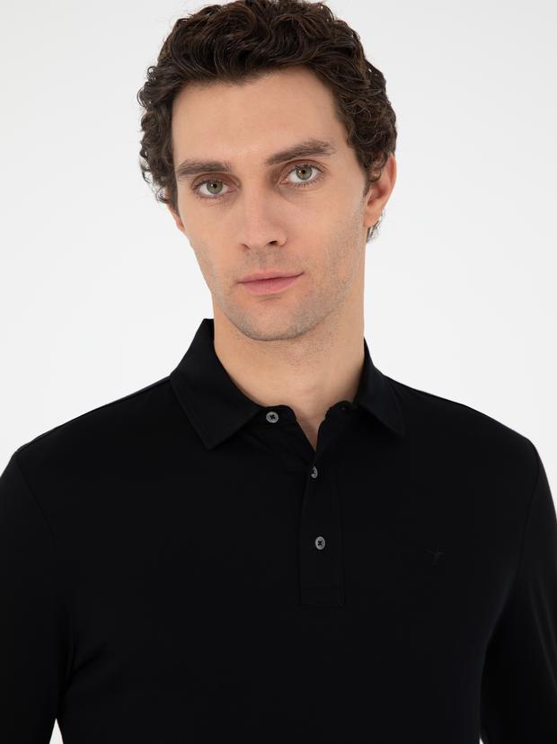 Siyah Regular Fit Polo Yaka Pamuklu Sweatshirt