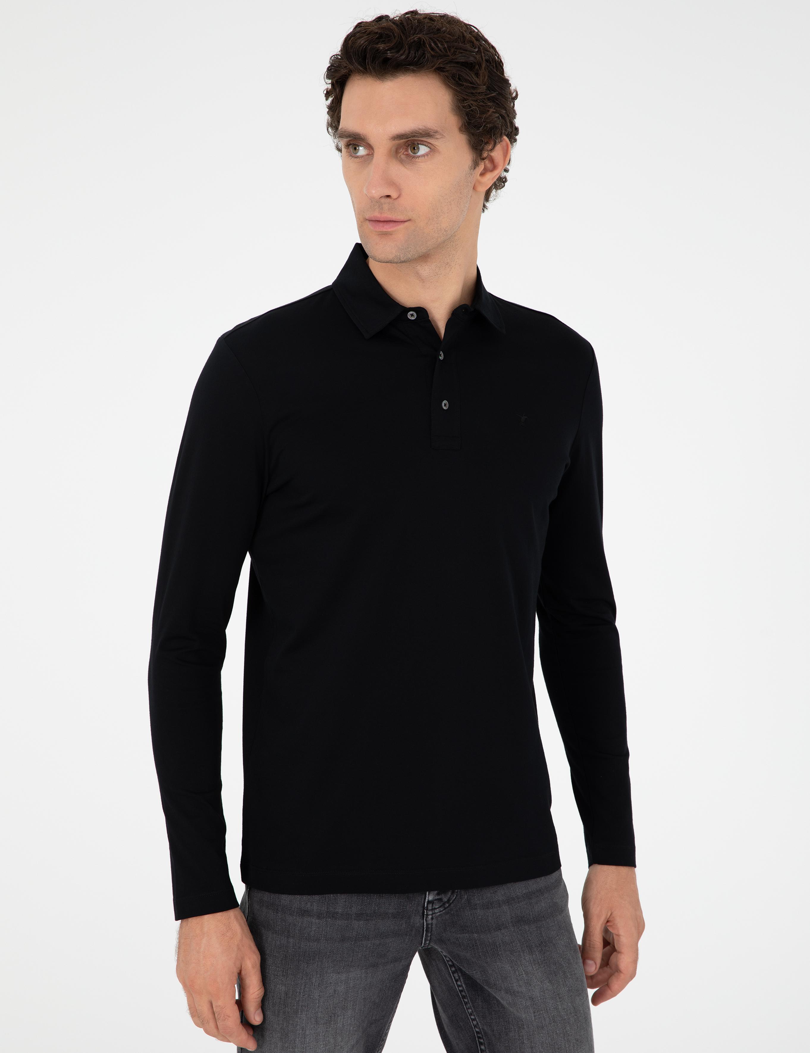 Siyah Regular Fit Polo Yaka Pamuklu Sweatshirt - 50294327003
