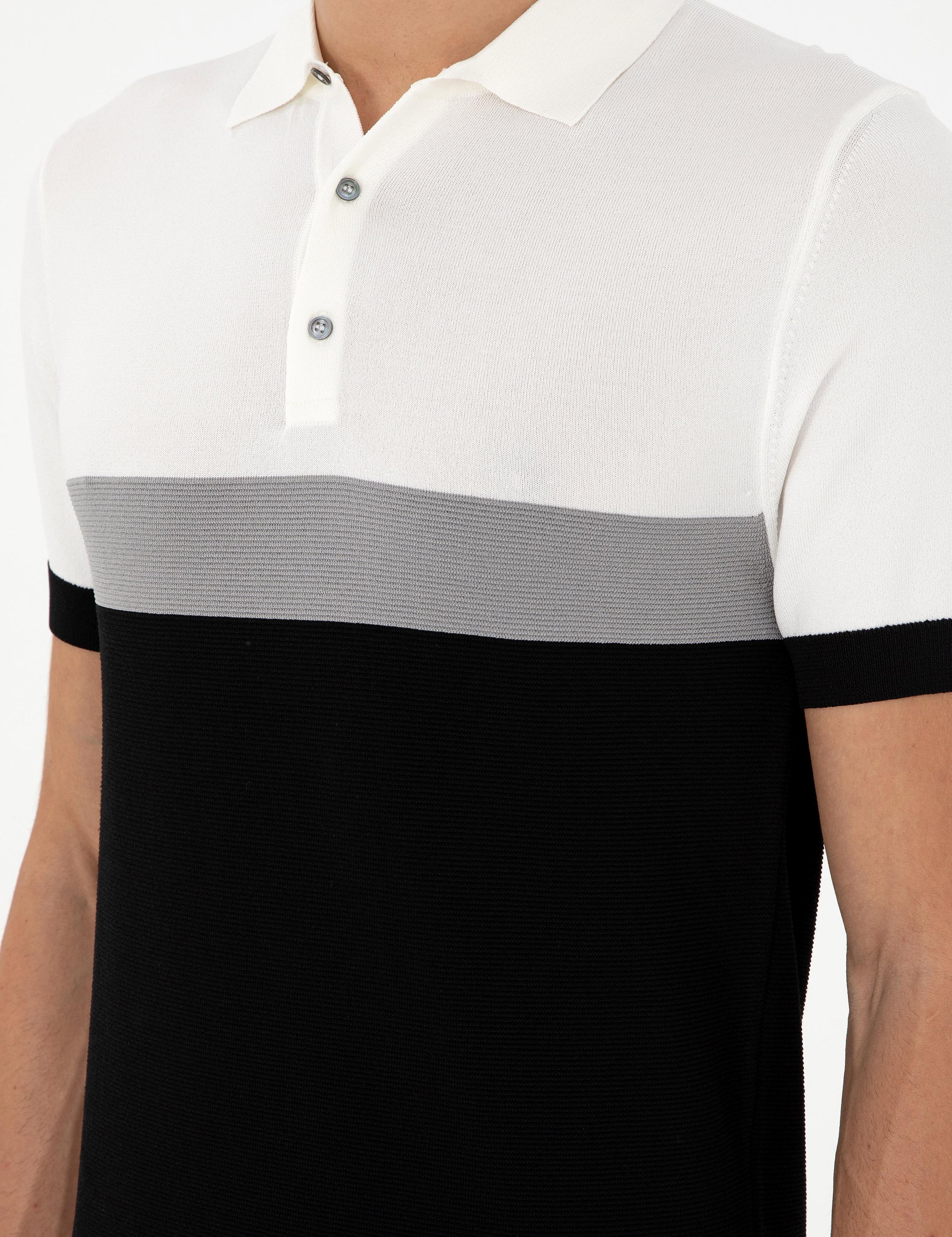 Siyah Slim Fit Polo Yaka Keten Karışımlı Triko T-shirt - 50293243025