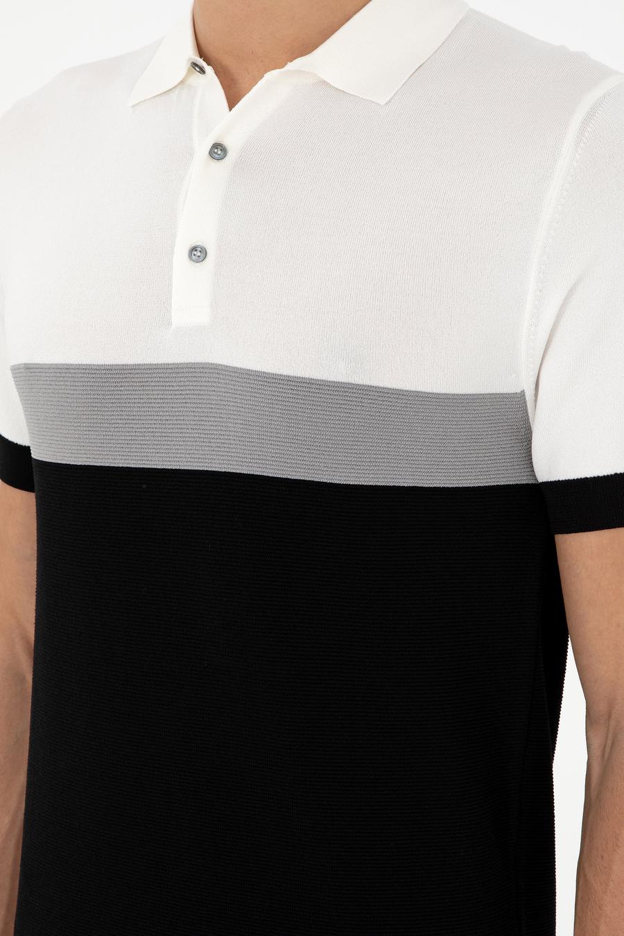 Siyah Slim Fit Polo Yaka Keten Karışımlı Triko T-shirt - 50293243025