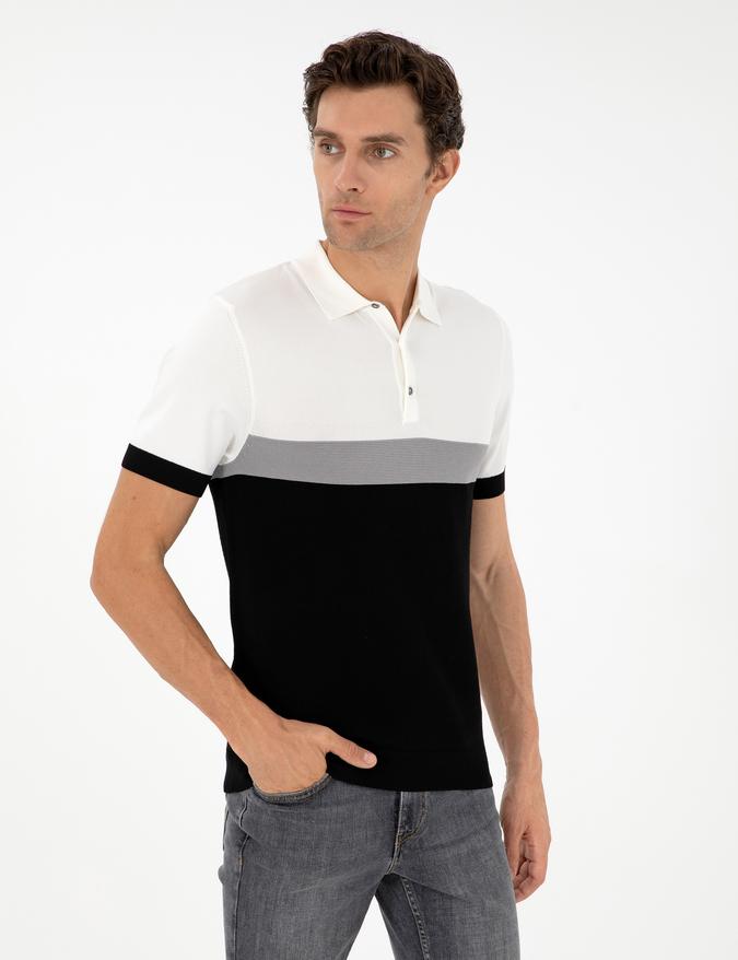 Siyah Slim Fit Polo Yaka Keten Karışımlı Triko T-shirt