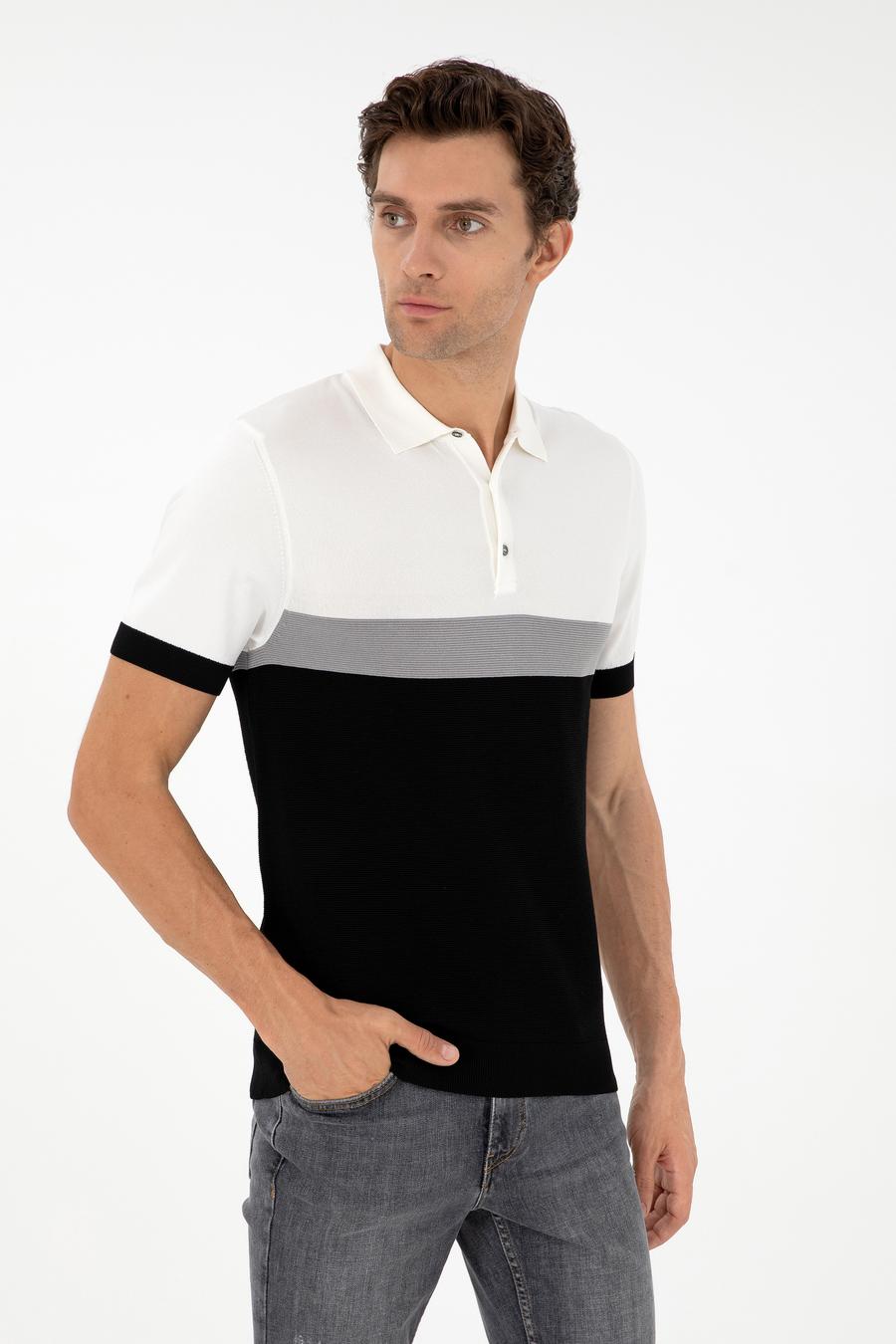 Siyah Slim Fit Polo Yaka Keten Karışımlı Triko T-shirt - 50293243025