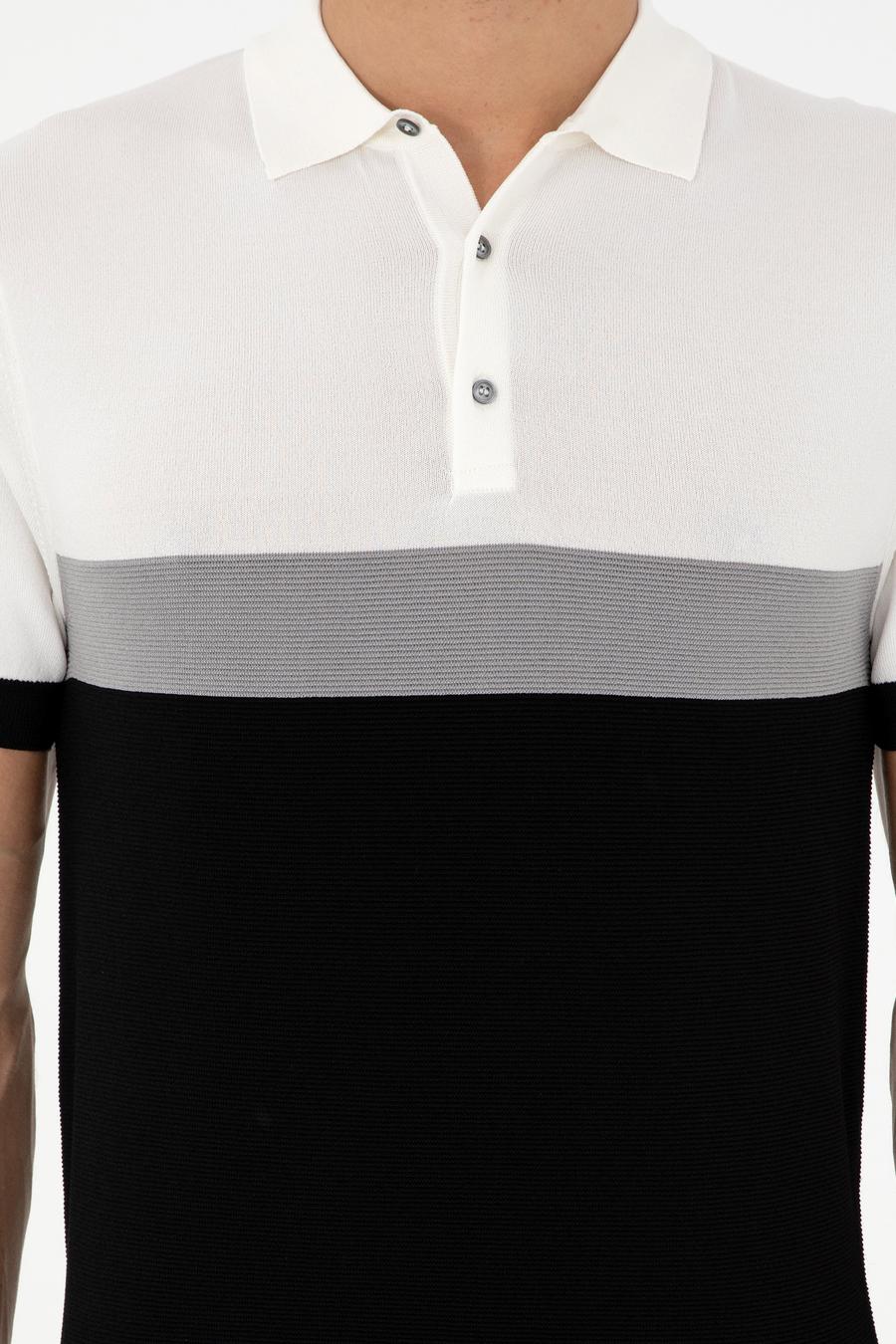 Siyah Slim Fit Polo Yaka Keten Karışımlı Triko T-shirt - 50293243025