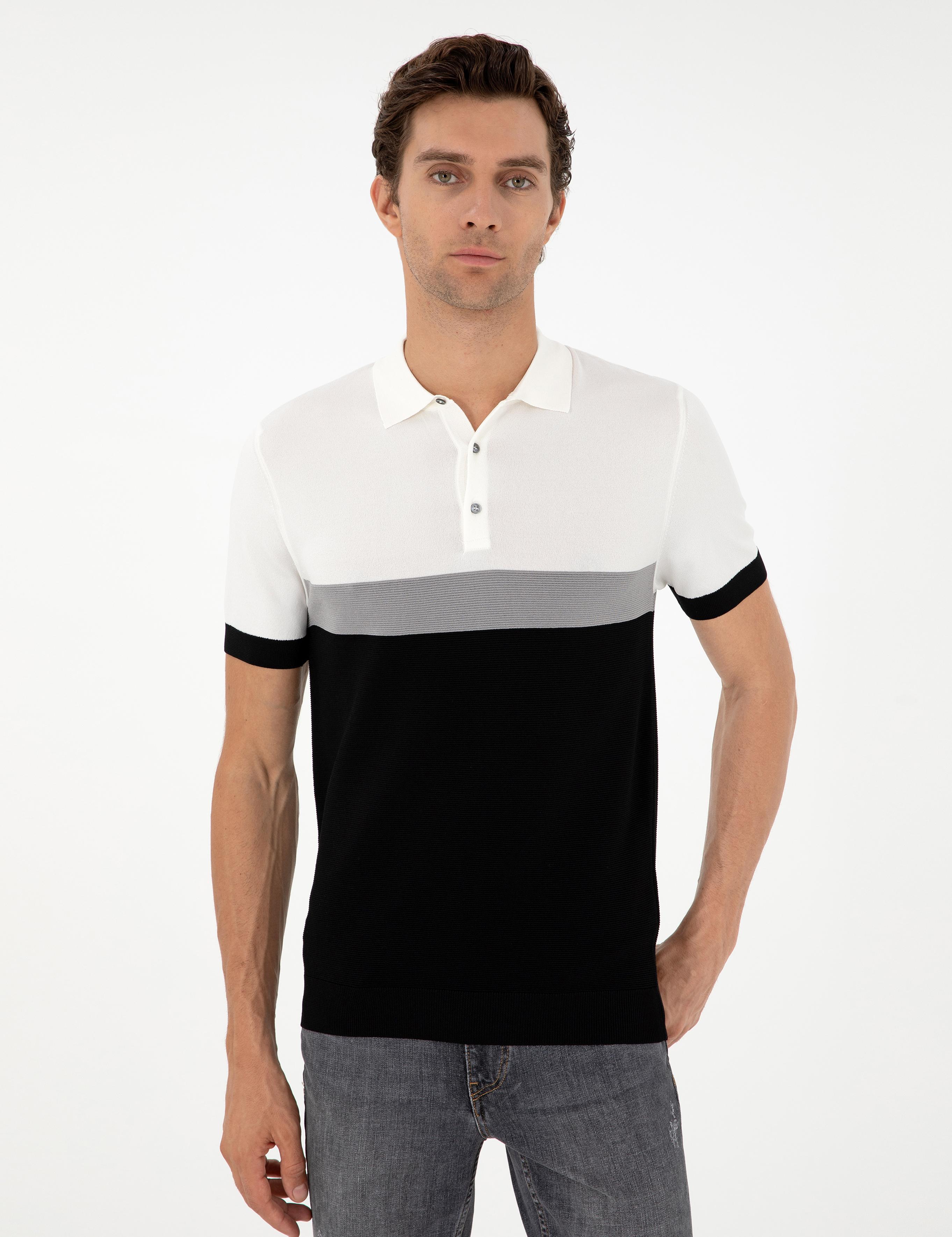 Siyah Slim Fit Polo Yaka Keten Karışımlı Triko T-shirt - 50293243025