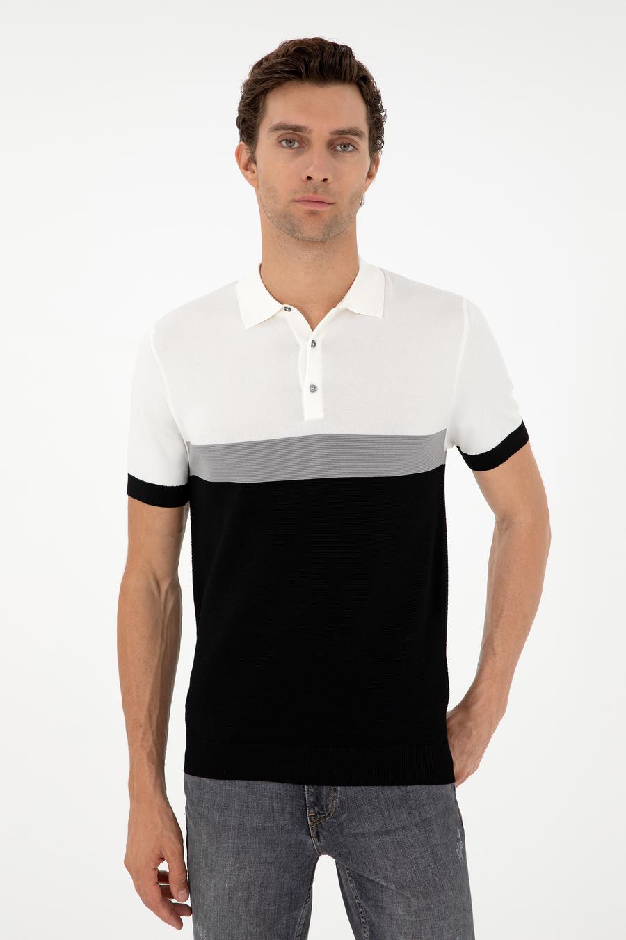 Siyah Slim Fit Polo Yaka Keten Karışımlı Triko T-shirt - 50293243025